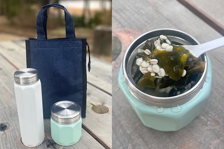 冬のランチをカインズのスープジャーで楽しむ。火も米も使わない「もち麦雑炊」の作り方