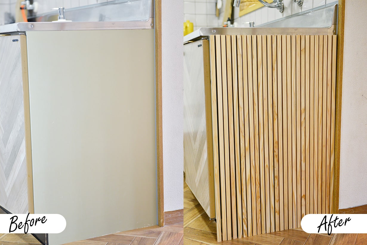キッチンの流し台の横にスラットウォールをDIYしたビフォーアフター