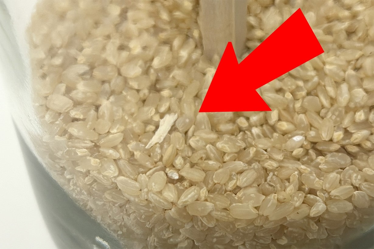 欠けた棒の先は玄米の中にいる